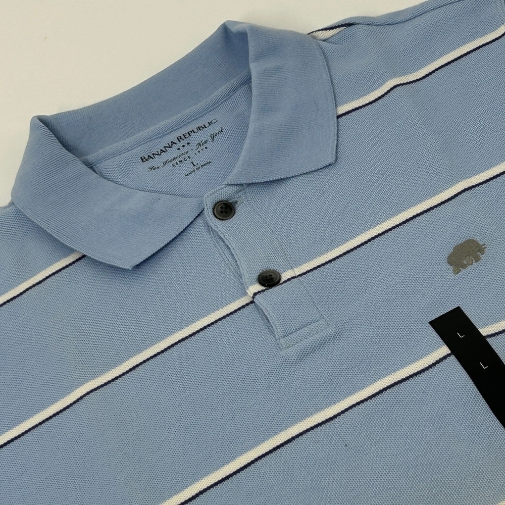 Banana Republic Shirt‎ Mens Large Light Blue Striped Polo Short Sleeve Logo NEW